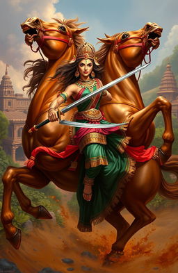A dynamic digital painting depicting an ancient Indian queen, adorned in vibrant traditional attire with intricate jewelry, confidently battling alongside her powerful horse