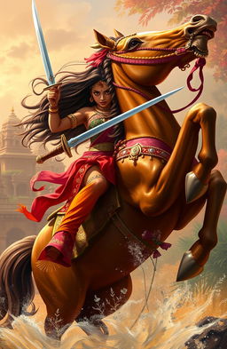 A dynamic digital painting depicting an ancient Indian queen, adorned in vibrant traditional attire with intricate jewelry, confidently battling alongside her powerful horse