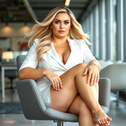 An innocent and beautiful 35-year-old woman, plump and curvaceous, with flowing blonde hair and striking light blue eyes