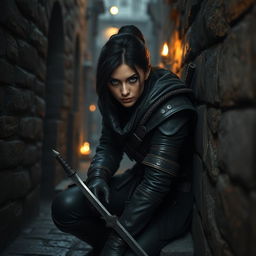 A stealthy female human rogue with striking blue eyes, dressed in dark, leather armor that allows for silent movement
