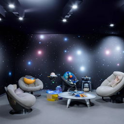 A spacious living room with a space-themed interior design, including wall art of galaxies and stars, space-themed decor items, and futuristic furniture.