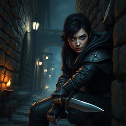 A stealthy female human rogue with striking blue eyes, dressed in dark, leather armor that allows for silent movement