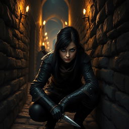 A stealthy female human rogue with striking blue eyes, dressed in dark, leather armor that allows for silent movement