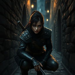 A stealthy female human rogue with striking blue eyes, dressed in dark, leather armor that allows for silent movement