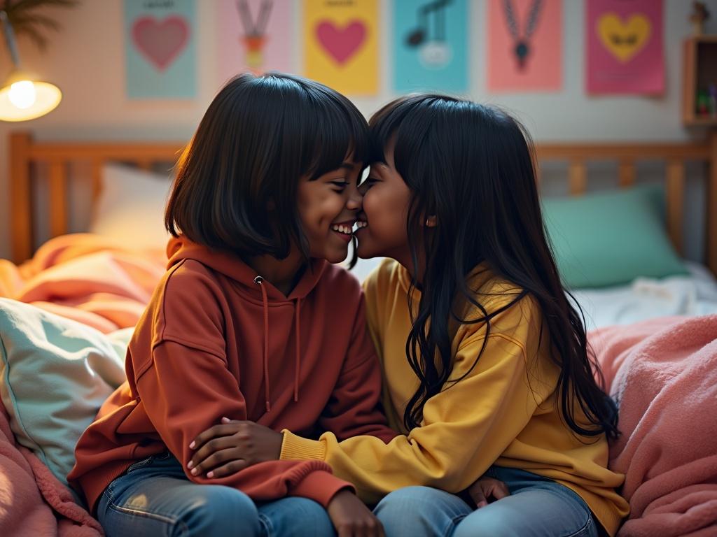 A heartwarming scene depicting two black tween girls with straight hair embracing and sharing a gentle kiss face to face while sitting together in a cozy dorm room