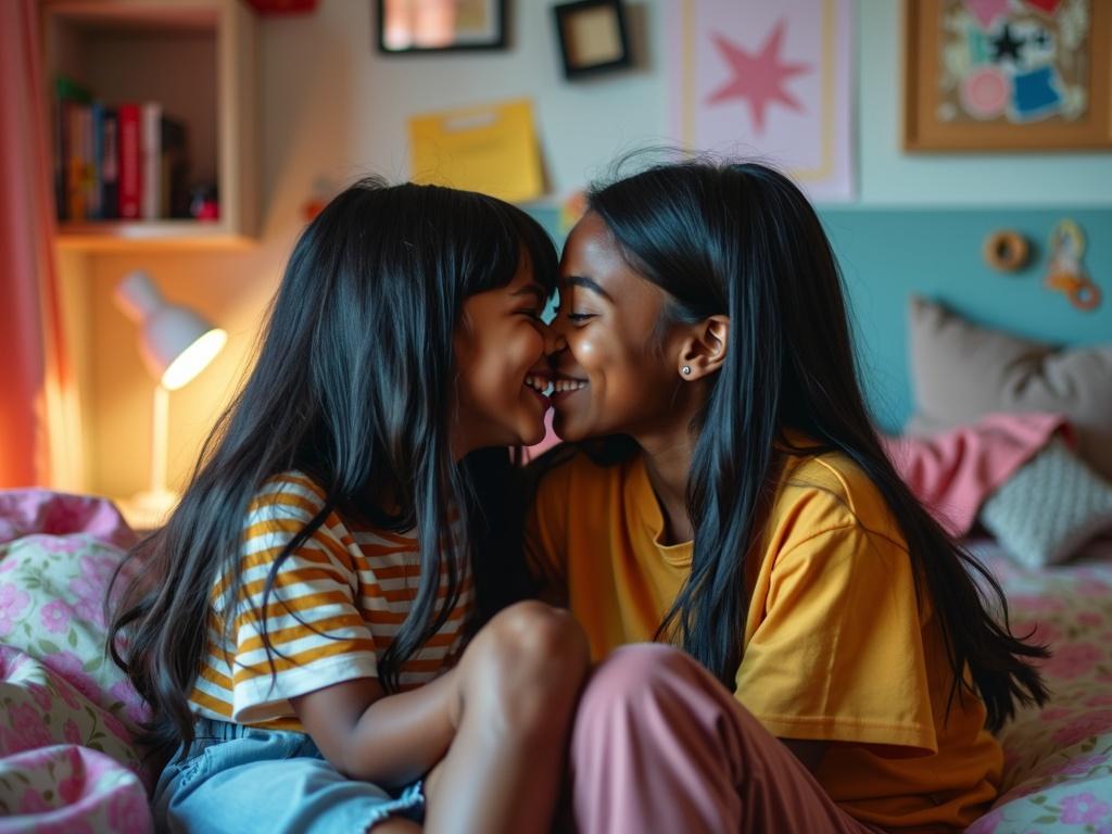 A heartwarming scene featuring two black tween girls with straight hair, sitting closely together in a dorm room