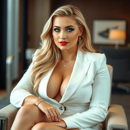 An innocent and beautiful 35-year-old woman with a sexy, curvaceous, and fuller figure, featuring long blonde hair and sparkling light blue eyes
