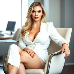An innocent and beautiful 35-year-old woman with a sexy, curvaceous, and fuller figure, featuring long blonde hair and sparkling light blue eyes