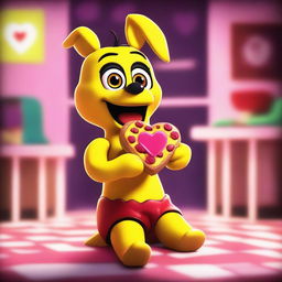 This is a digital art piece of Toy Chica from Five Nights at Freddy's holding a heart-shaped pizza slice, symbolizing her 'love taste'