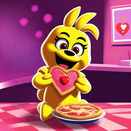 This is a digital art piece of Toy Chica from Five Nights at Freddy's holding a heart-shaped pizza slice, symbolizing her 'love taste'