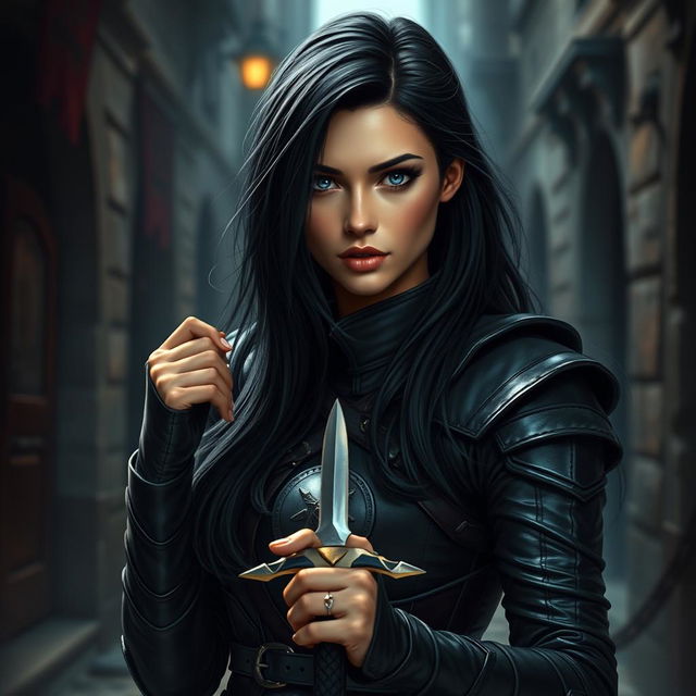 A stunning human female rogue character, wearing sleek dark leather armor that fits her form perfectly