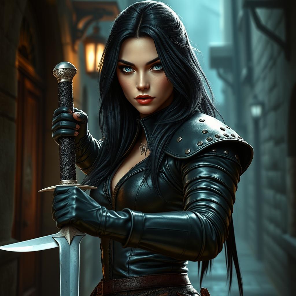 A stunning human female rogue character, wearing sleek dark leather armor that fits her form perfectly