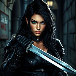 A stunning human female rogue character, wearing sleek dark leather armor that fits her form perfectly