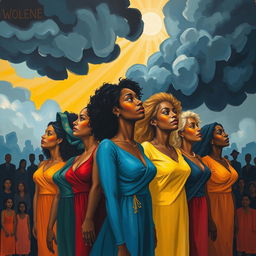 A powerful and emotional human rights painting that conveys the impact of violence against women, depicting a scene symbolizing resilience and strength