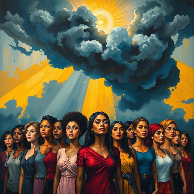 A powerful and emotional human rights painting that conveys the impact of violence against women, depicting a scene symbolizing resilience and strength