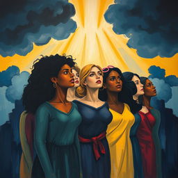 A powerful and emotional human rights painting that conveys the impact of violence against women, depicting a scene symbolizing resilience and strength
