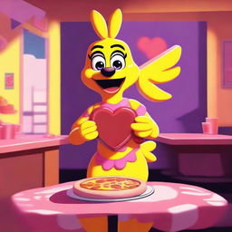 This is a digital art piece of Toy Chica from Five Nights at Freddy's holding a heart-shaped pizza slice, symbolizing her 'love taste'