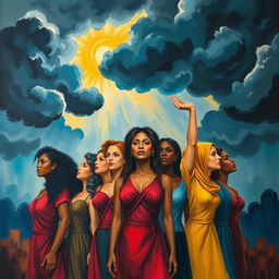 A powerful and emotional human rights painting that conveys the impact of violence against women, depicting a scene symbolizing resilience and strength