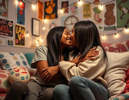 A heartwarming scene featuring two black tween girls with straight hair embracing and sharing a sweet kiss face to face while sitting together in a cozy dorm room