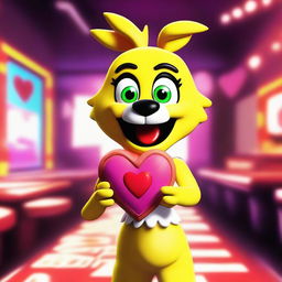 This is a digital art piece of Toy Chica from Five Nights at Freddy's holding a heart-shaped pizza slice, symbolizing her 'love taste'