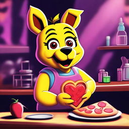 This digital artwork features Chica from Five Nights at Freddy's holding a heart-shaped pizza slice, representing her 'love taste'