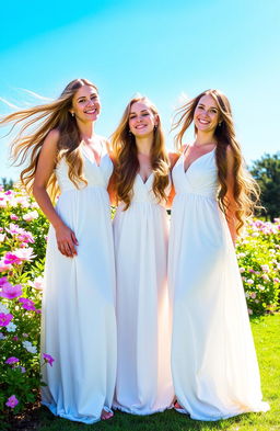 Three women with long, flowing hair, all wearing elegant long white dresses that cascade to the ground