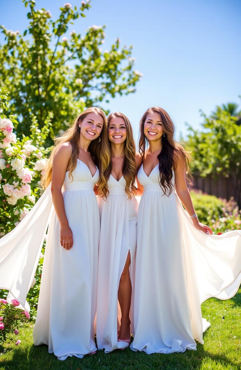 Three women with long, flowing hair, all wearing elegant long white dresses that cascade to the ground