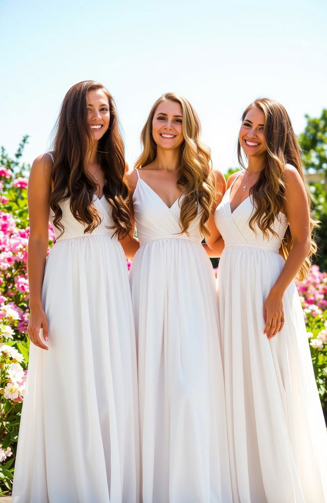 Three women with long, flowing hair, all wearing elegant long white dresses that cascade to the ground