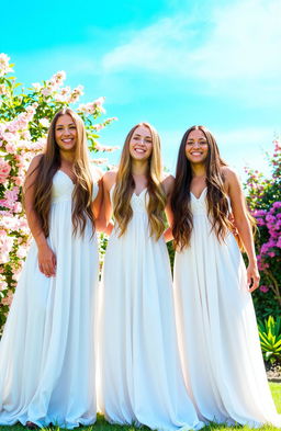 Three women with long, flowing hair, all wearing elegant long white dresses that cascade to the ground