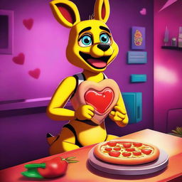 This digital artwork features Chica from Five Nights at Freddy's holding a heart-shaped pizza slice, representing her 'love taste'