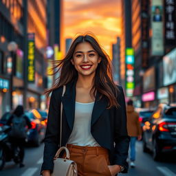 A young woman standing confidently on a busy city street during sunset, dressed in a stylish, modern outfit with a chic handbag, her hair gently blowing in the breeze, showcasing a bright smile, with vibrant city lights starting to illuminate the surroundings, reflecting a sense of youthful energy and vibrancy, capturing the essence of urban life in a lively and colorful manner