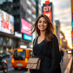 A young woman standing confidently on a busy city street during sunset, dressed in a stylish, modern outfit with a chic handbag, her hair gently blowing in the breeze, showcasing a bright smile, with vibrant city lights starting to illuminate the surroundings, reflecting a sense of youthful energy and vibrancy, capturing the essence of urban life in a lively and colorful manner