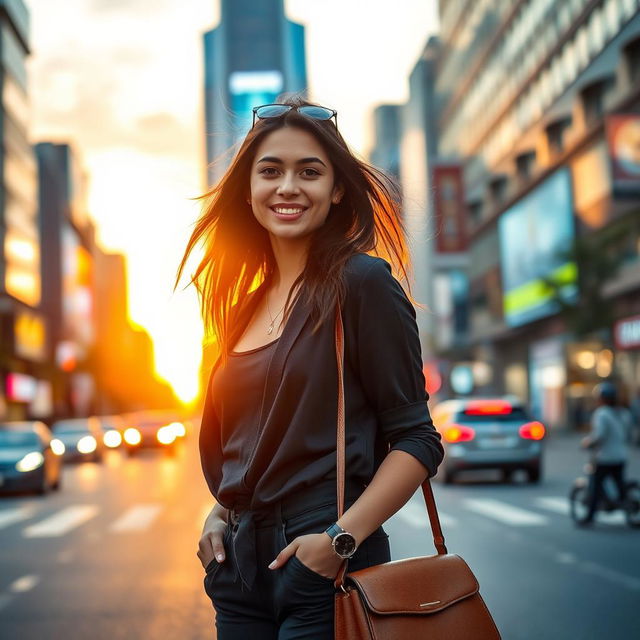 A young woman standing confidently on a busy city street during sunset, dressed in a stylish, modern outfit with a chic handbag, her hair gently blowing in the breeze, showcasing a bright smile, with vibrant city lights starting to illuminate the surroundings, reflecting a sense of youthful energy and vibrancy, capturing the essence of urban life in a lively and colorful manner