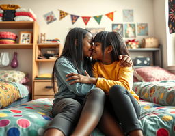 A photo-realistic portrayal of two black tween girls with straight hair, sitting closely together in a dorm room