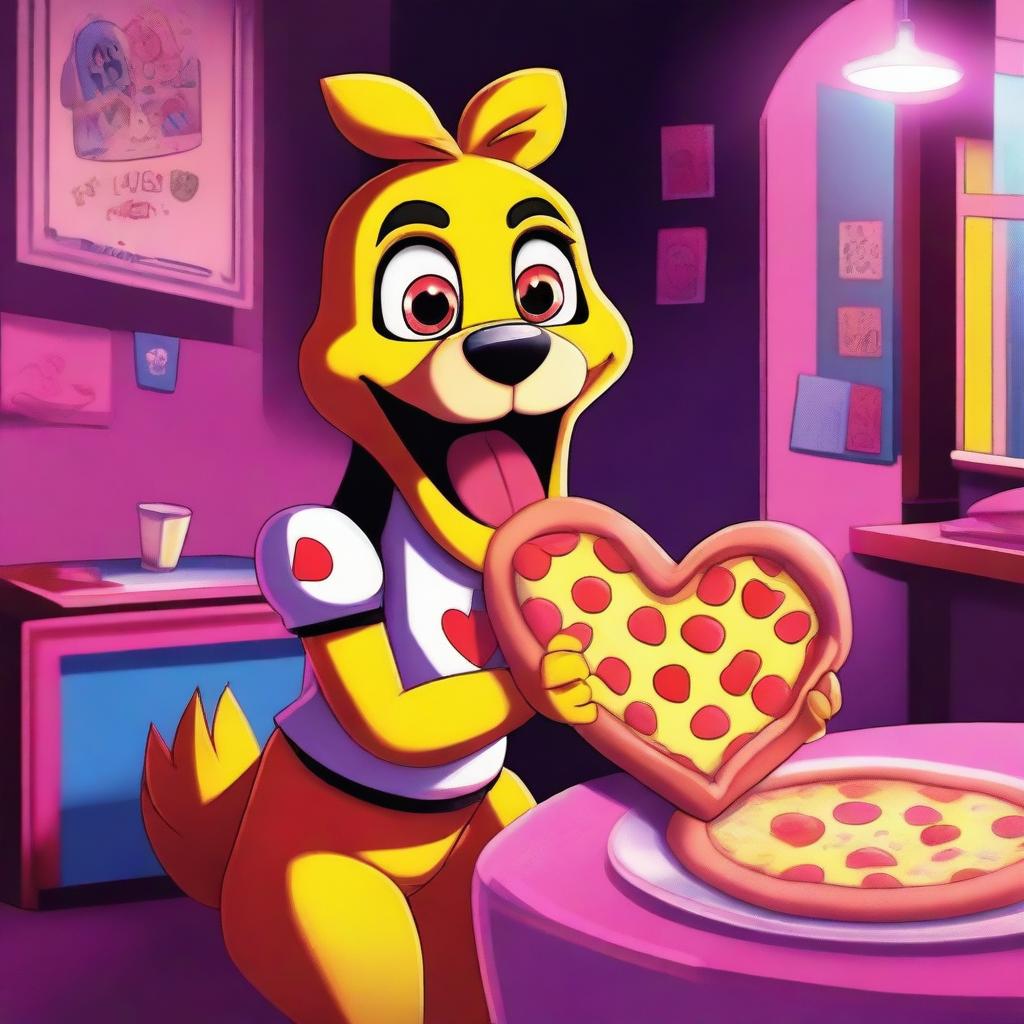 This digital artwork features Chica from Five Nights at Freddy's holding a heart-shaped pizza slice, representing her 'love taste'