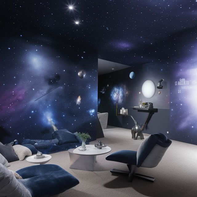 A spacious living room with a space-themed interior design, including wall art of galaxies and stars, space-themed decor items, and futuristic furniture.