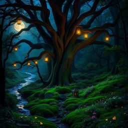 A stunning, mystical forest glen at twilight, glowing softly with bioluminescent plants and delicate fireflies dancing in the air