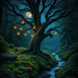 A stunning, mystical forest glen at twilight, glowing softly with bioluminescent plants and delicate fireflies dancing in the air