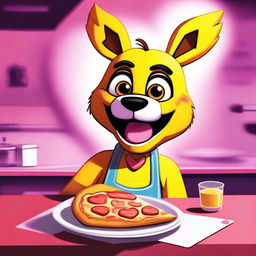 This digital artwork features Chica from Five Nights at Freddy's holding a heart-shaped pizza slice, representing her 'love taste'