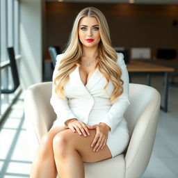 A very fat, innocent, and beautiful 25-year-old woman with a sexy and curvaceous figure, showcasing long blonde hair and captivating light blue eyes