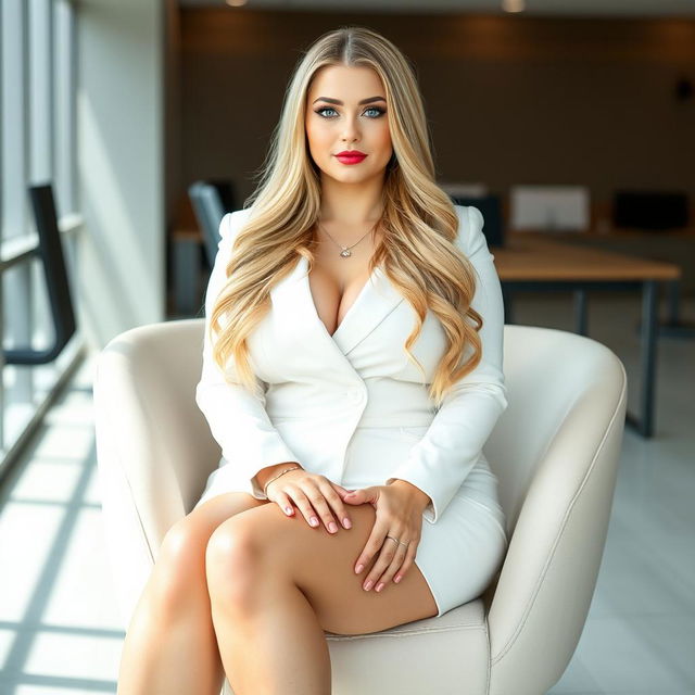A very fat, innocent, and beautiful 25-year-old woman with a sexy and curvaceous figure, showcasing long blonde hair and captivating light blue eyes