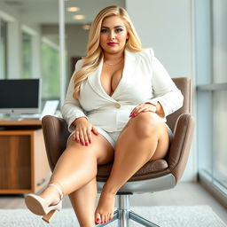 A very fat, innocent, and beautiful 25-year-old woman with a sexy and curvaceous figure, showcasing long blonde hair and captivating light blue eyes