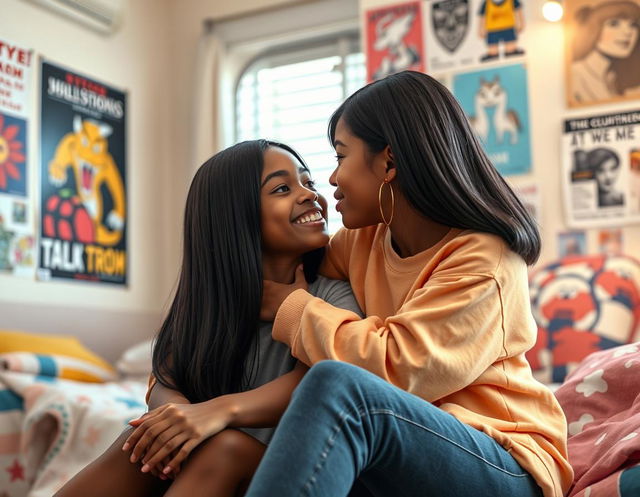 A photo-realistic depiction of two black tween girls with straight hair, sitting closely in a cozy dorm room, sharing a warm embrace and a sweet face-to-face kiss