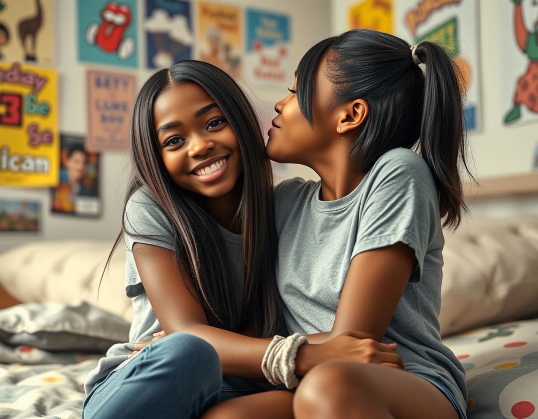 A photo-realistic depiction of two black tween girls with straight hair, sitting closely in a cozy dorm room, sharing a warm embrace and a sweet face-to-face kiss