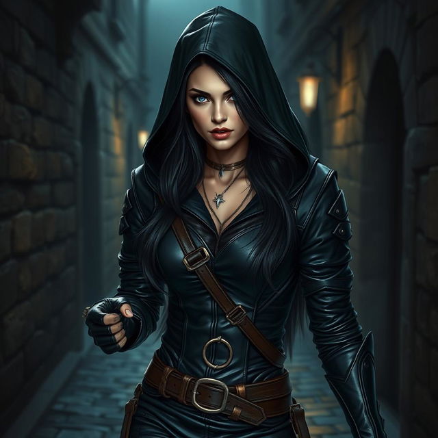 A stunning female rogue character in a dark medieval city alley, clad in sleek black leather armor that hugs her curves, strikingly beautiful bright blue eyes piercing through the darkness, long luscious black hair elegantly cascading out from beneath her hood