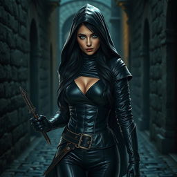 A stunning female rogue character in a dark medieval city alley, clad in sleek black leather armor that hugs her curves, strikingly beautiful bright blue eyes piercing through the darkness, long luscious black hair elegantly cascading out from beneath her hood