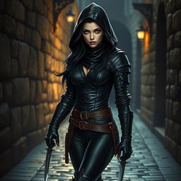 A stunning female rogue character in a dark medieval city alley, clad in sleek black leather armor that hugs her curves, strikingly beautiful bright blue eyes piercing through the darkness, long luscious black hair elegantly cascading out from beneath her hood