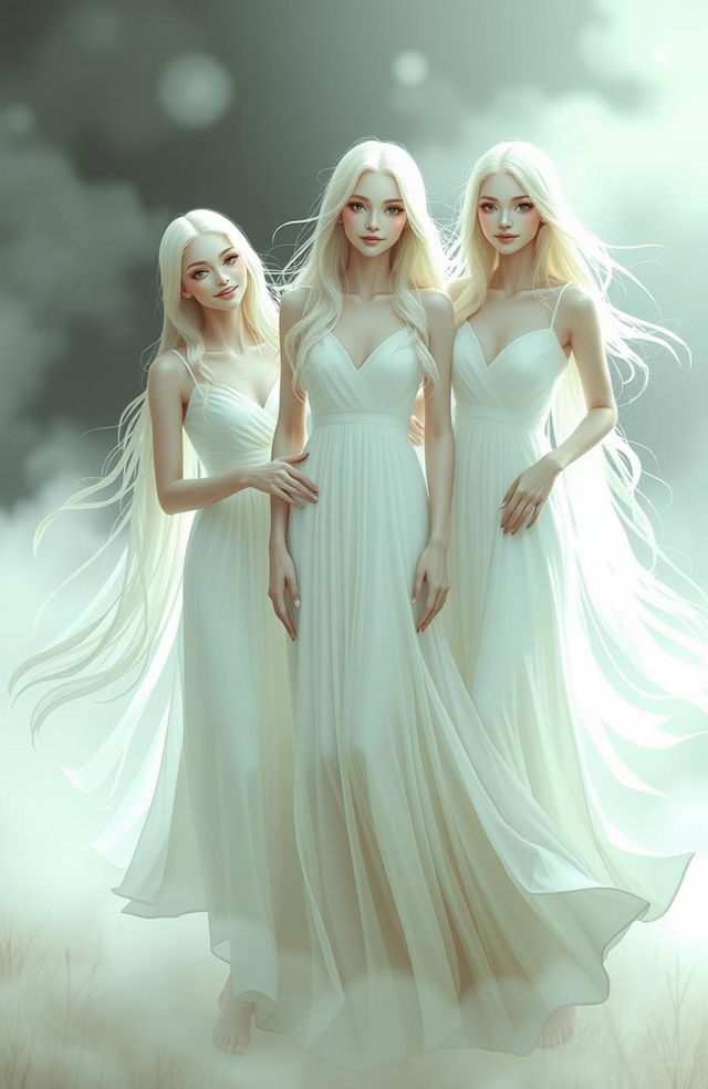 Three ethereal women ghosts with flowing, long hair wearing elegant, long white dresses