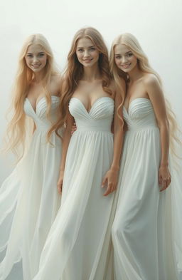 Three ethereal women ghosts with flowing, long hair wearing elegant, long white dresses