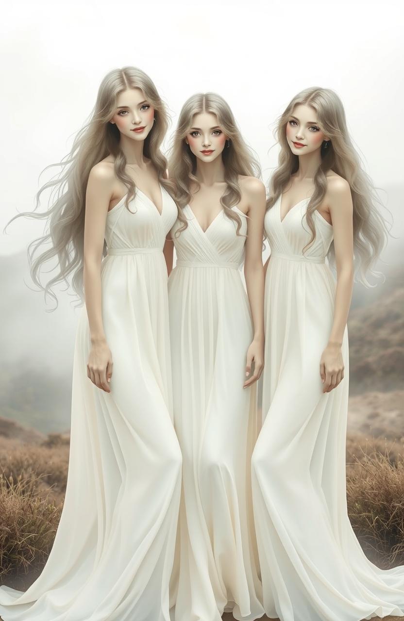 Three ethereal women ghosts with flowing, long hair wearing elegant, long white dresses